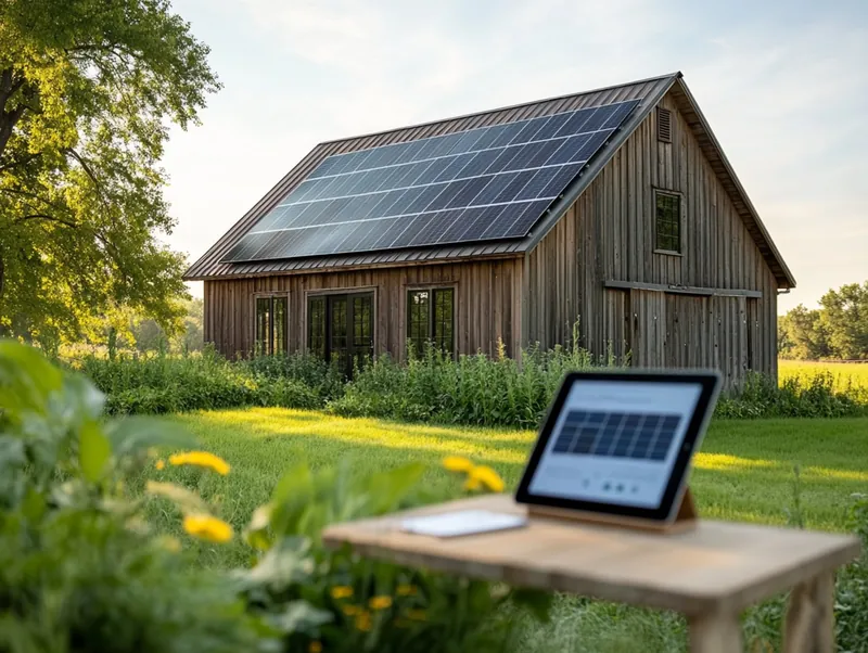 Scheune mit Solaranlage auf dem Dach, davor ein Tablet mit Auswertung
