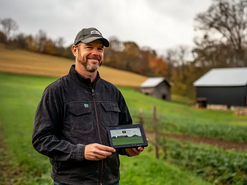 Landwirt mit Tablet auf seinem Hof