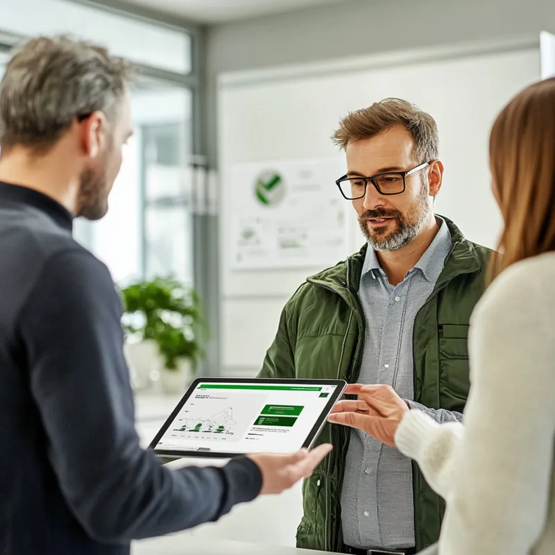 Berater zeigt zwei Kunden eine Auswertung auf dem Tablet