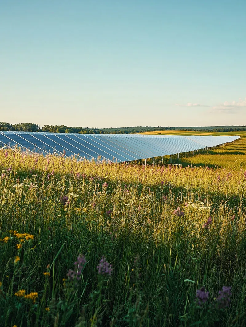 Solarpark auf einer Wiese im Abendlicht