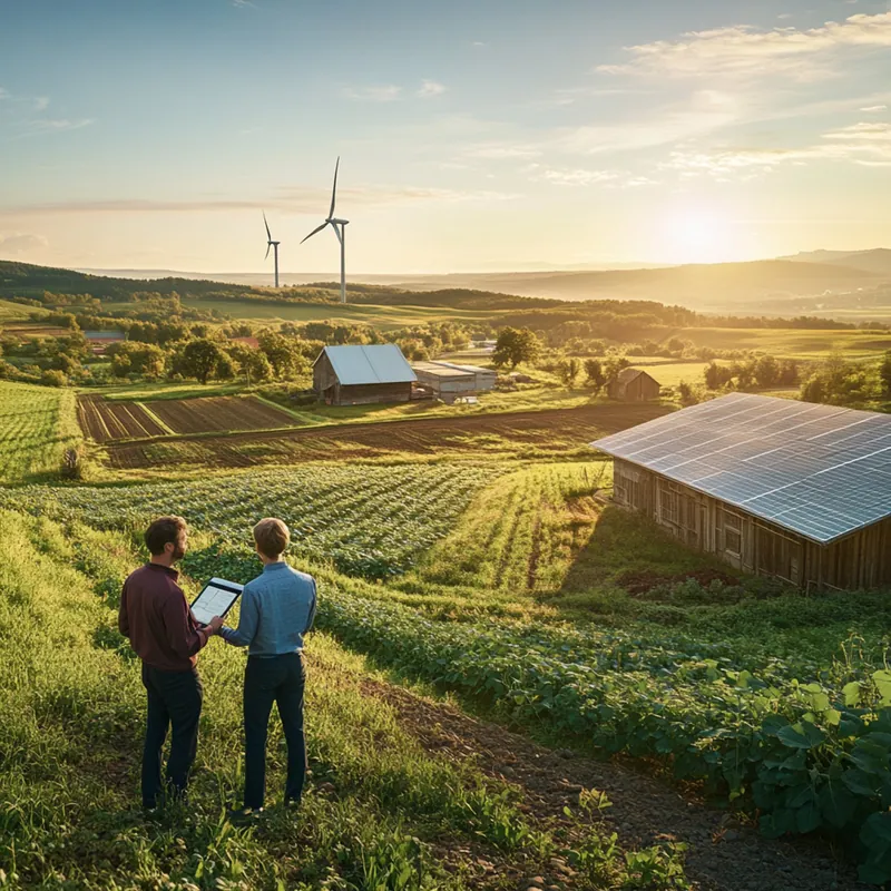 Zwei Landwirte mit Tablet zwischen Feldern, Windrädern und Solardächern