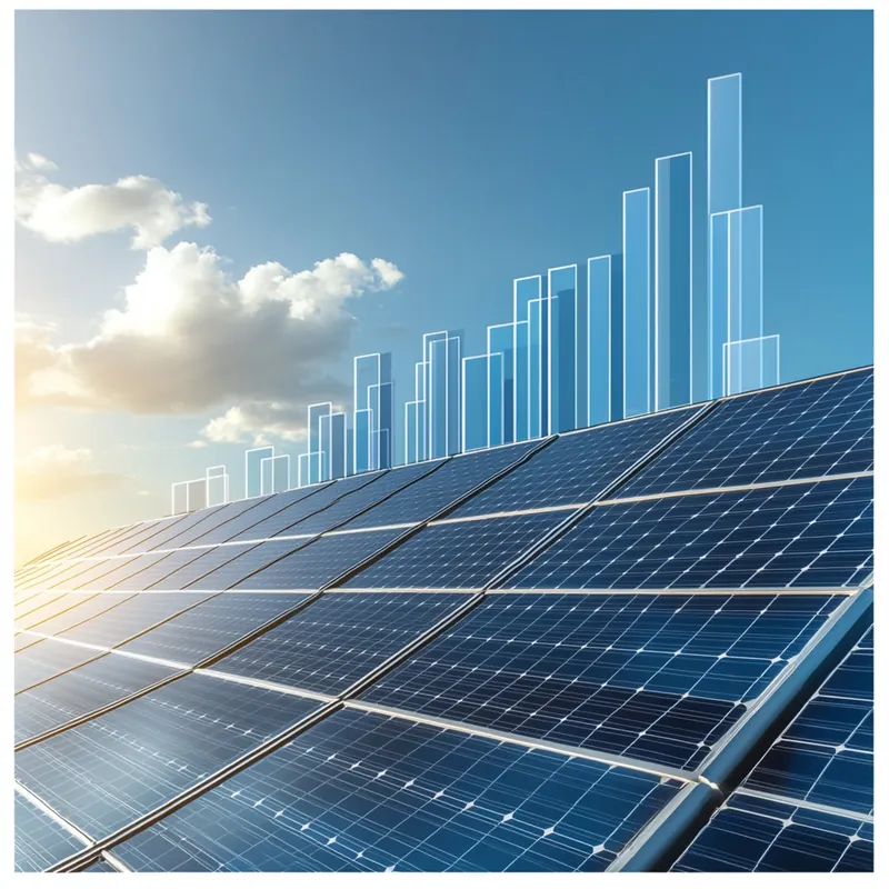 Solarmodule mit steigendem Balkendiagramm am Himmel