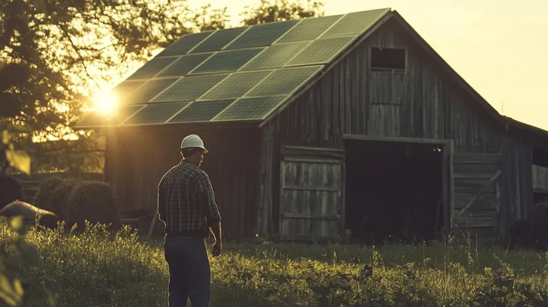Landwirt vor einer Scheune mit Solaranlage im Gegenlicht