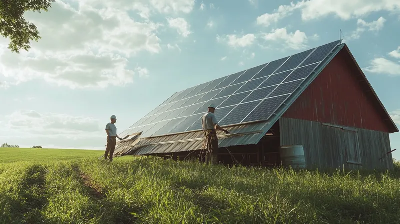 Zwei Männer vor einer Scheune mit Solaranlage auf dem Dach