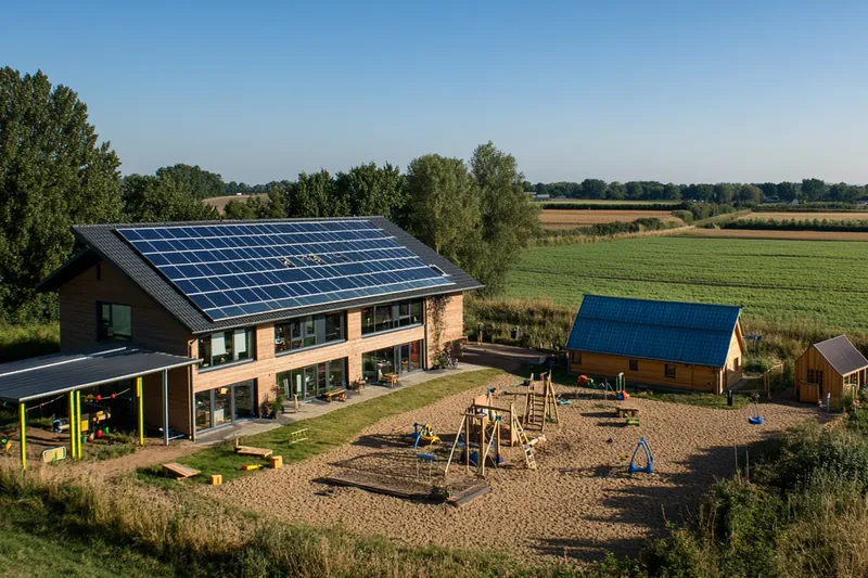 Hof mit Solaranlage auf dem Dach, umgeben von Feldern