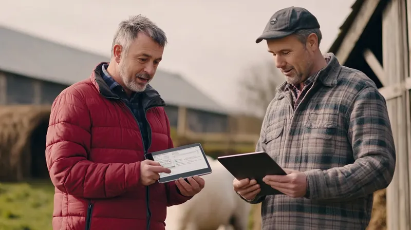 Berater bespricht mit einem Landwirt die Unterlagen auf dem Tablet