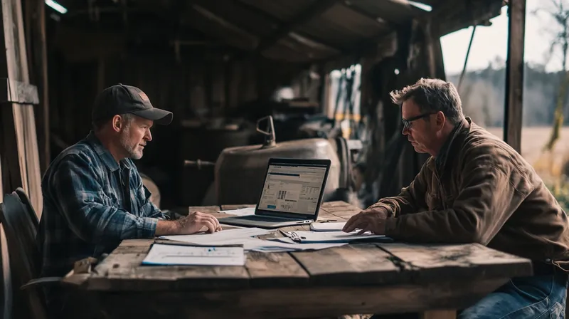 Landwirt und Berater am Tisch mit Laptop und Unterlagen