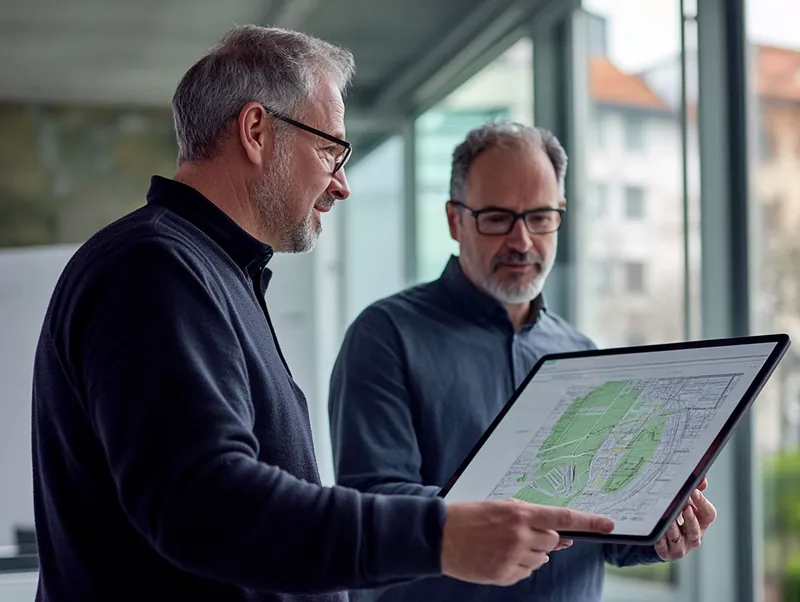 Berater und Kunde besprechen einen Plan auf dem Tablet