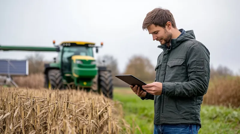 Landwirt mit Tablet auf dem Feld, im Hintergrund ein Traktor