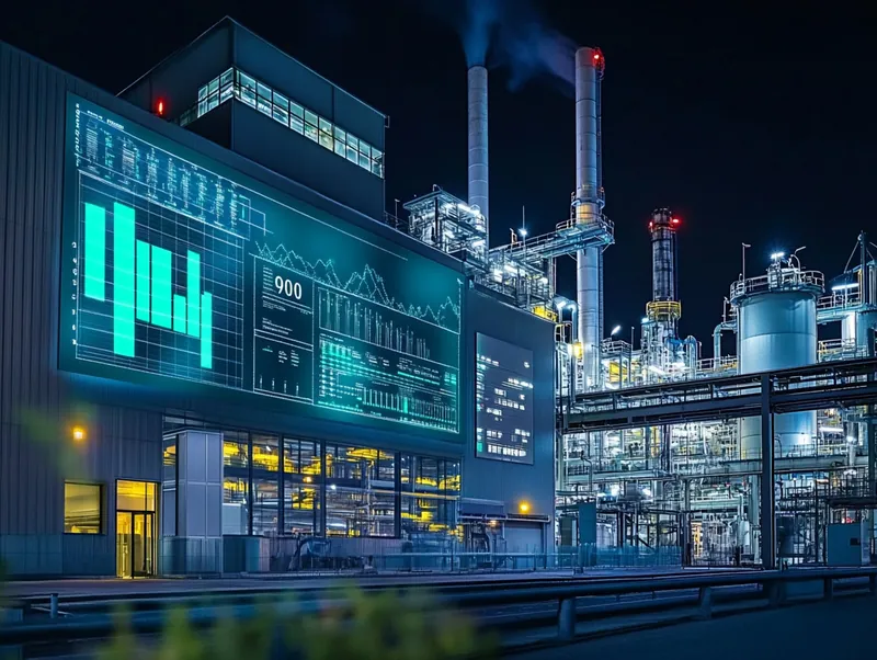 Moderne Fabrik bei Nacht mit Energieanzeigen an der Fassade
