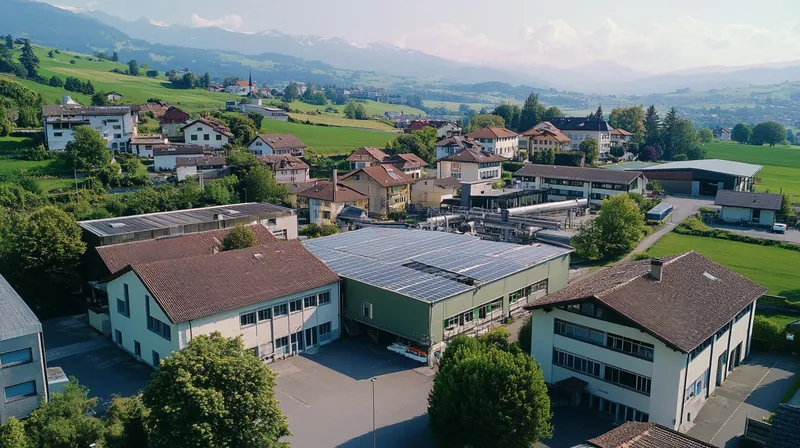 Luftbild eines Gewerbegebiets mit Solardächern