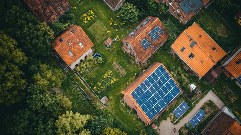 Luftbild von Dächern mit Solaranlagen in einem Dorf