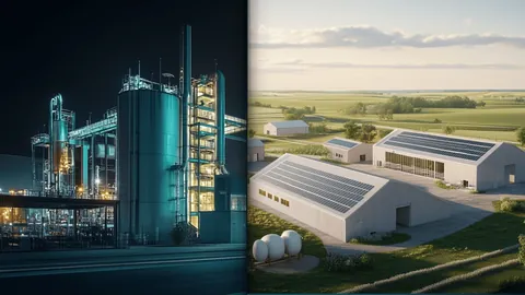 Industrieanlage und Bauernhof nebeneinander