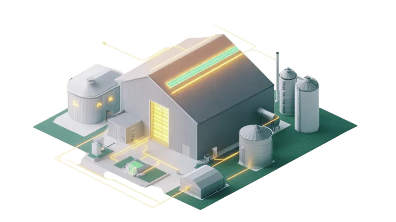 Grafik einer Industrieanlage mit Stromspeichern
